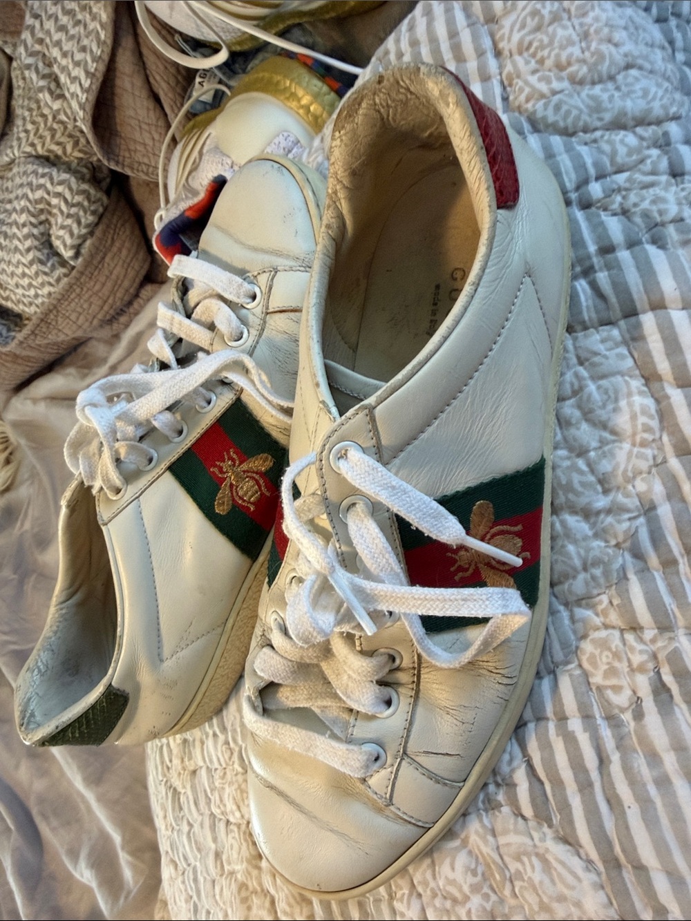 Gucci White Leather Sneakers with Red & Green Accents and Bee Motif